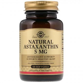 Астаксантин, Natural Astaxanthin, Solgar, 5 мг, 60 желатинових капсул