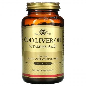 Масло печінки тріски з вітамінами A і D, Cod Liver Oil & Vitamins A & D, Solgar, 250 желатинових капсул