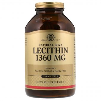 Лецитин Невибілений 1360 мг, Natural Soya Lecithin, Solgar, 250 желатинових капсул