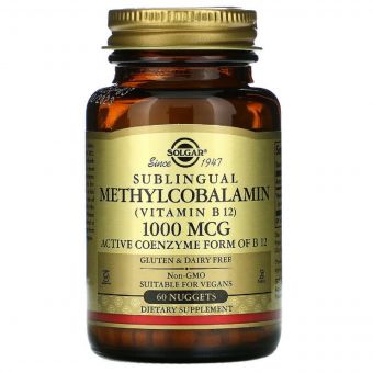 Вітамін В12 (Метилкобаламін), Sublingual Vitamin B12, 1000 мкг, Solgar, 60 нагетсів