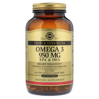 Риб&apos;ячий Жир, Омега 3 (Omega-3 EPA, DHA), 950 мг, Потрійна Сила, Solgar, 100 желатинових капсул