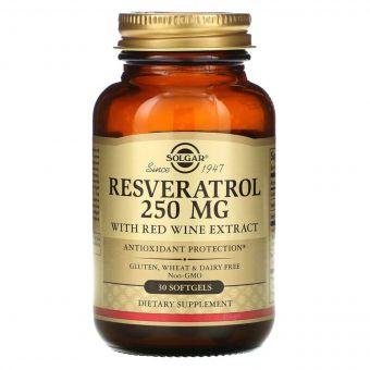 Ресвератрол з екстрактом Червоного Вина, 250 мг, Resveratrol with red Wine Extract, Solgar, 30 гелевих капсул