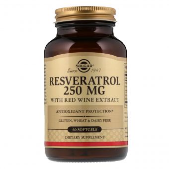 Ресвератрол з Екстрактом Червоного Вина, 250мг, Resveratrol with red Wine Extract, Solgar, 60 капсул