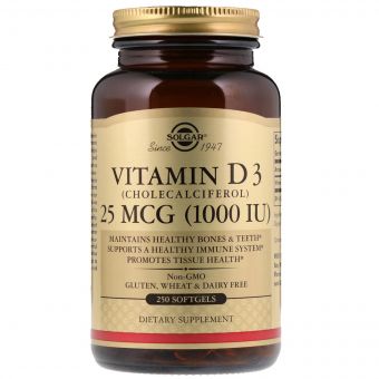 Вітамін D3, 1000 IU, Solgar, 250 желатинових капсул
