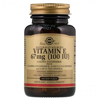 Вітамін E, 67 мг (100 IU), d-Alpha Tocopherol & Mixed Tocopherols, Solgar, 100 желатинових капсул