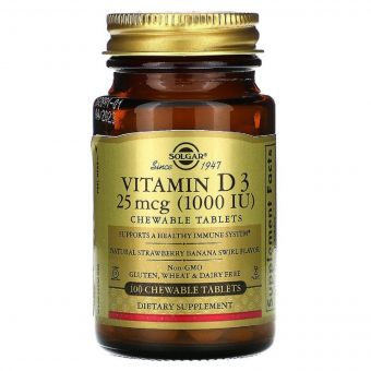 Вітамін D3, Холекальциферол, Vitamin D3, Cholecalciferol, 25 мкг, 1000 МО, Solgar, 100 жувальних таблеток (полунично-банановий смак)