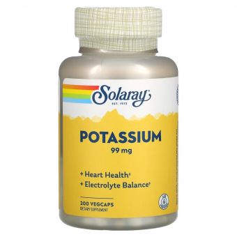 Калій, 99 мг, Potassium, Solaray, 200 вегетаріанських капсул