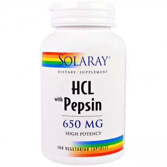 Бетаїн HCL і Пепсин, HCL with Pepsin, Solaray, 650 мг, 100 вегетаріанських капсул