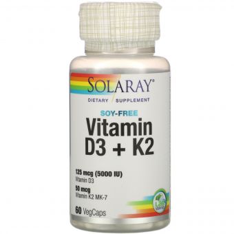 Вітамін D3 + K2, Soy-Free, Solaray, 60 Вегетаріанських капсул