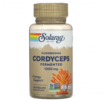 Кордицепс 500 мг, Ферментовані гриби, Organically Grown Fermented Cordyceps, Solaray, 60 вегетаріанських капсул