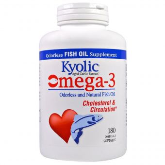 Омега-3, натуральний риб&apos;ячий жир без запаху, Omega-3, Cholesterol & Circulation, Kyolic, 180 гелевих капсул