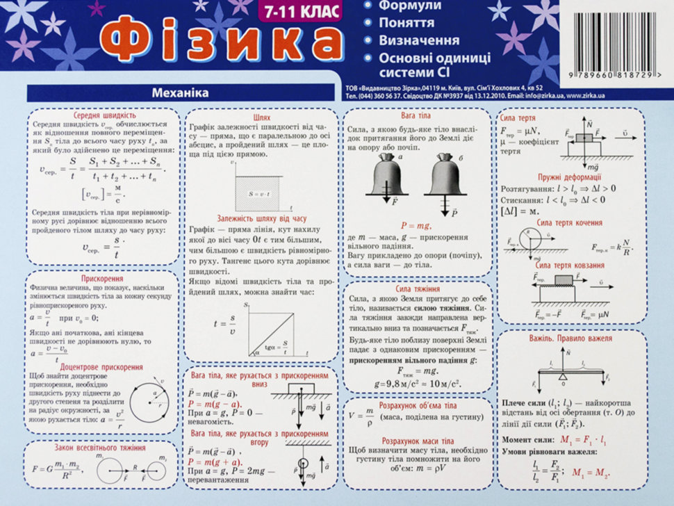 Картонка-підказка. Фізика. 7-11 класи