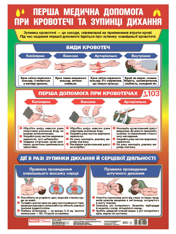 Перша медична допомога при кровотечі та зупинці дихання. Плакат