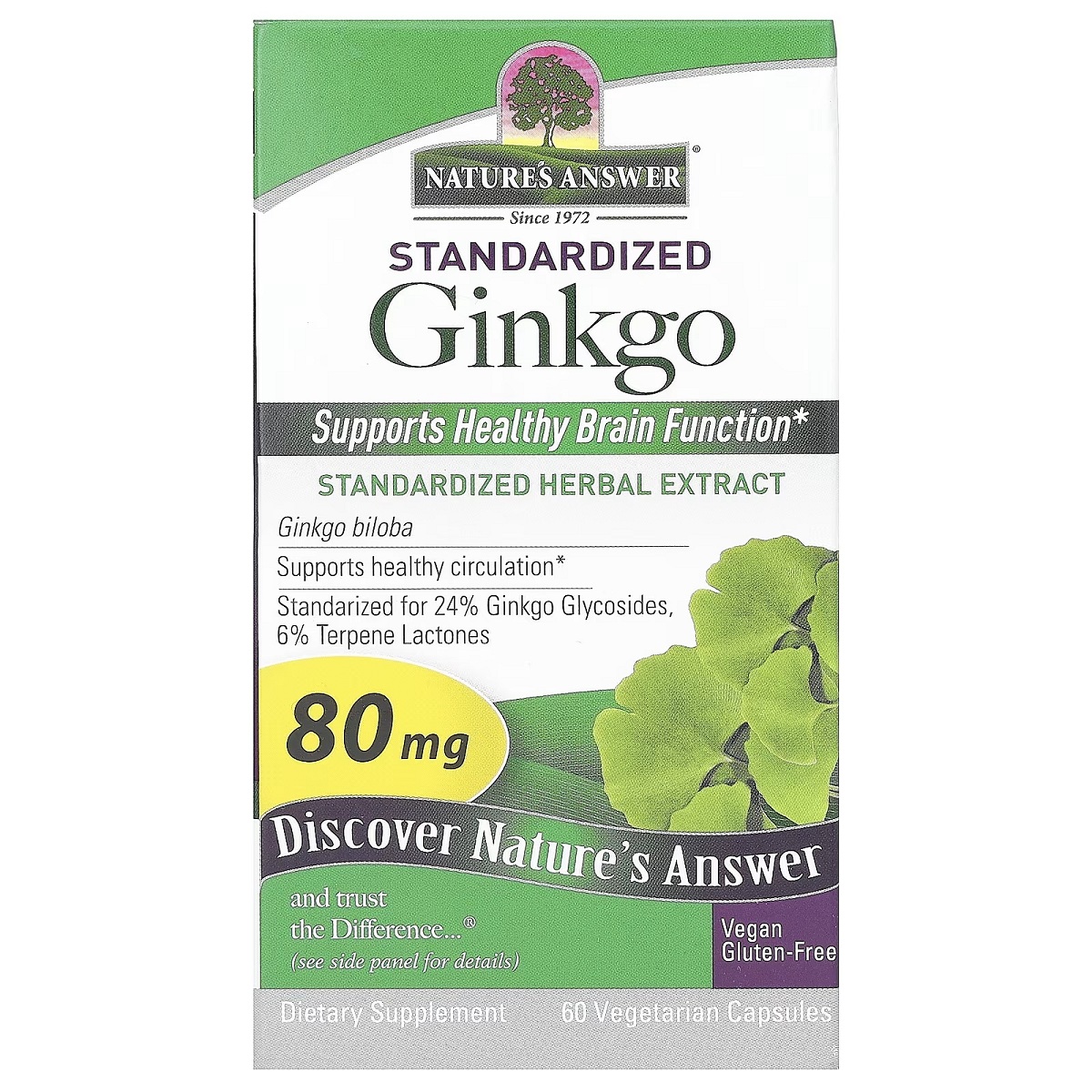 Гінкго Білоба, 80 мг, Standardized Ginkgo, Nature's Answer, 60 вегетаріанських капсул