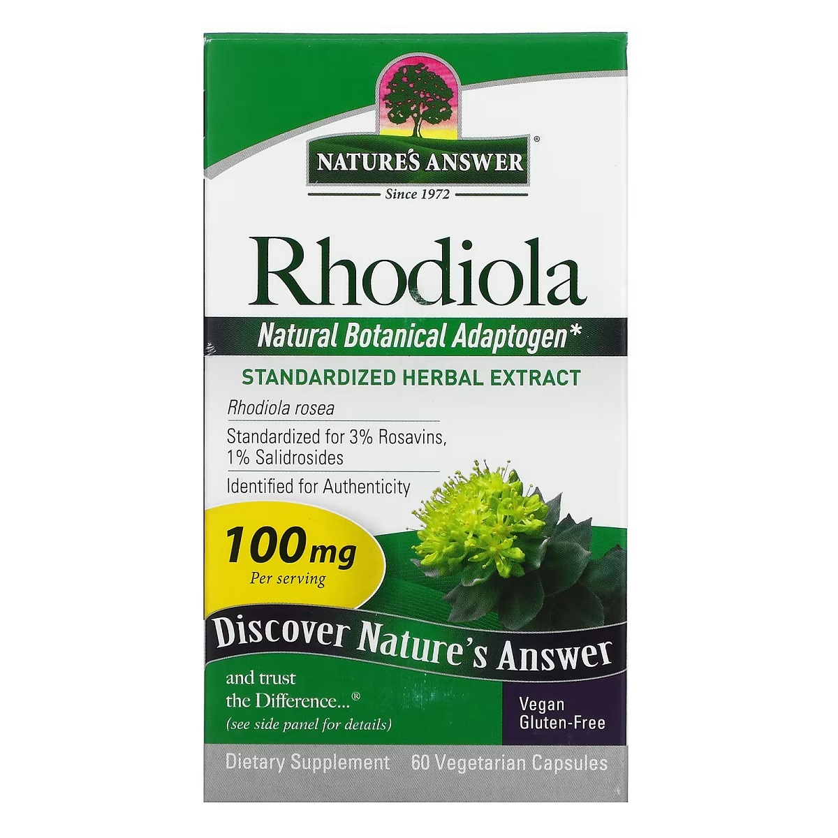 Родіола, 100 мг, Rhodiola, Nature's Answer, 60 вегетаріанських капсул