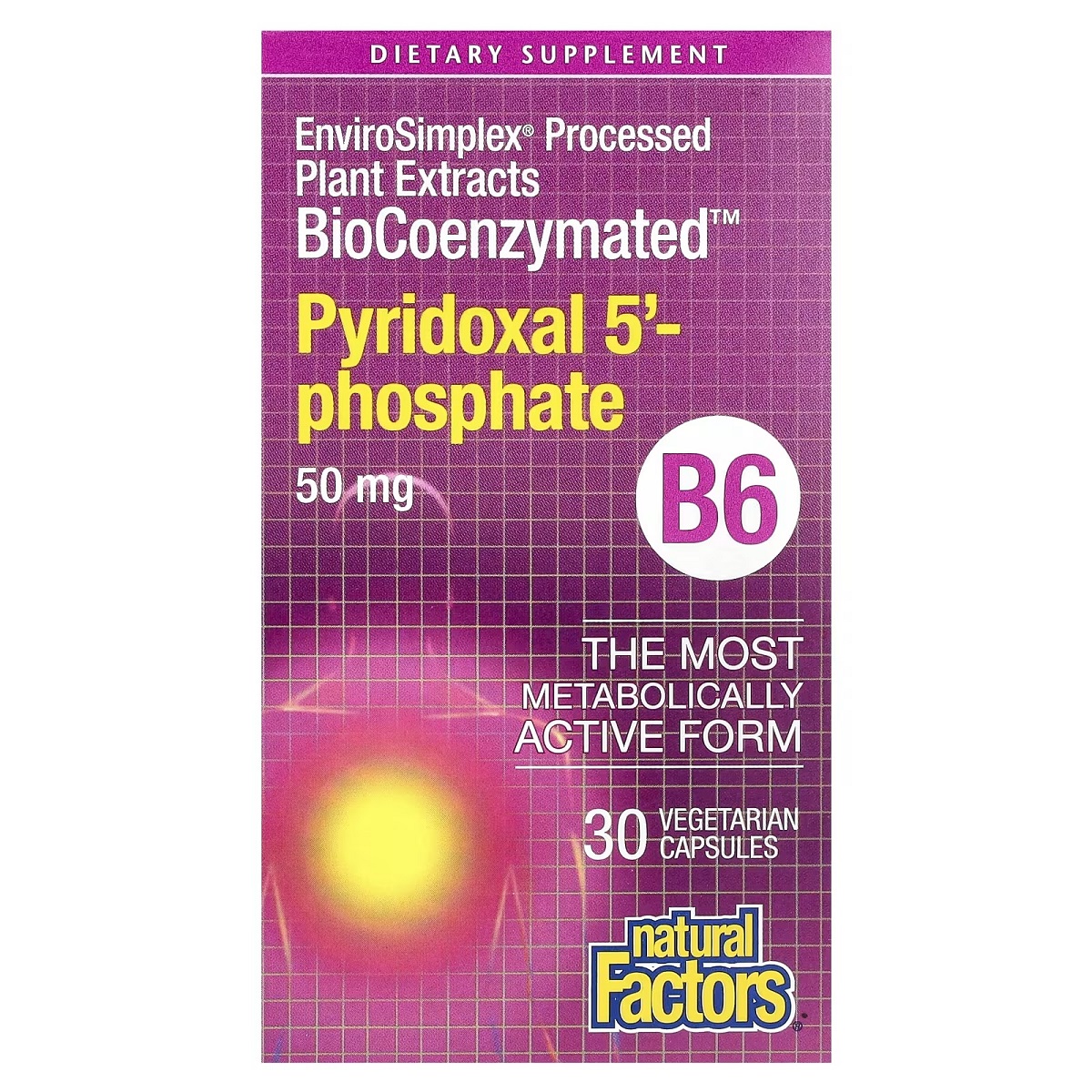 Піридоксаль 5'-фосфат, вітамін B6, 50 мг, BioCoenzymated, B6, Pyridoxal 5'-Phosphate, Natural Factors, 30 вегетаріанських капсул