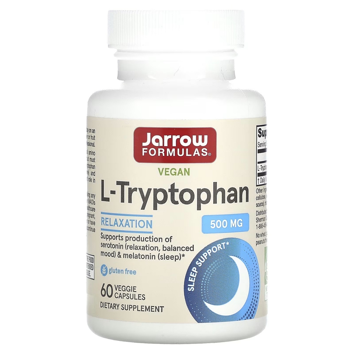 L-триптофан, 500 мг, L-Tryptophan, Jarrow Formulas, 60 вегетаріанських капсул