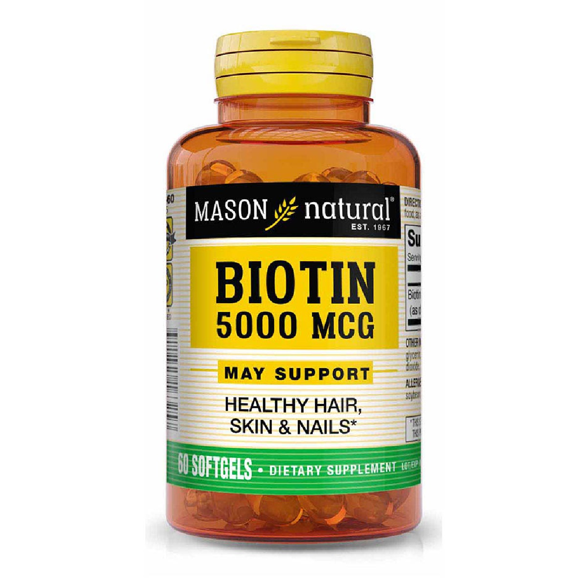 УЦІНКА Біотин 5000 мкг, Biotin, Mason Natural, 60 гелевих капсул (тріщина)