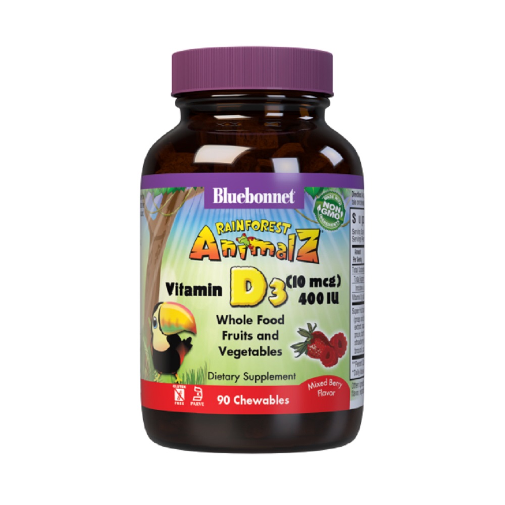 Вітамін D3 400IU для Дітей, Смак Ягід, Rainforest Animalz, Bluebonnet Nutrition, 90 жувальних цукерок