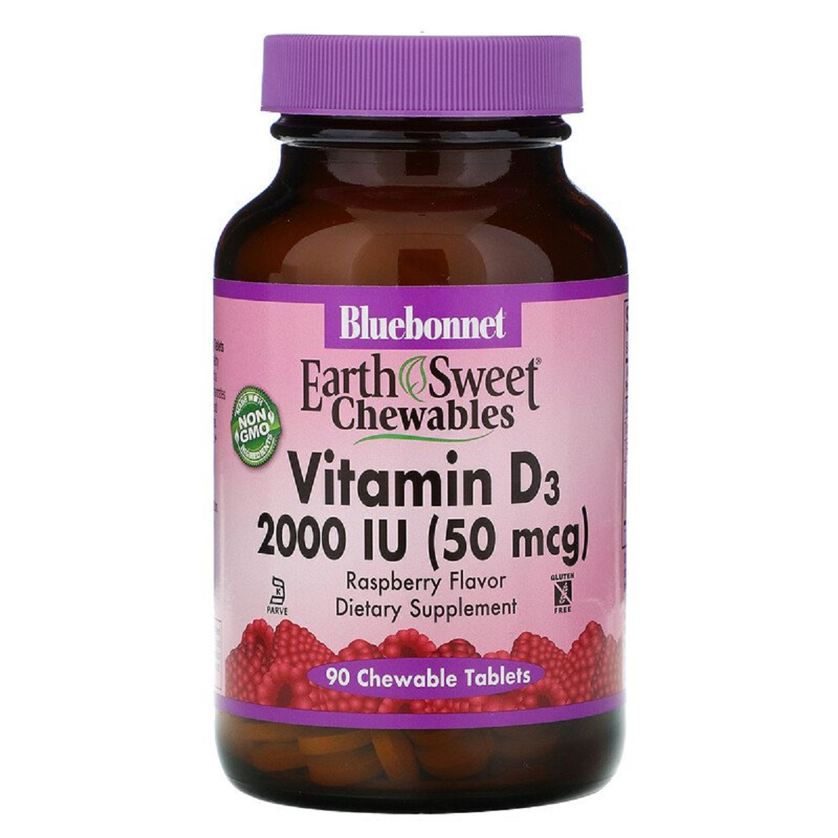 Вiтамiн D3 2000IU, Смак Малини, Earth Sweet Chewables, Bluebonnet Nutrition, 90 жувальних таблеток