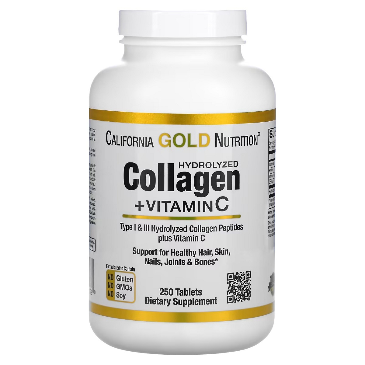 Колаген Гідролізовані пептиди + Вітамін С, Hydrolyzed Collagen Peptides + Vitamin C, Type I & III, California Gold Nutrition, 250 таблеток