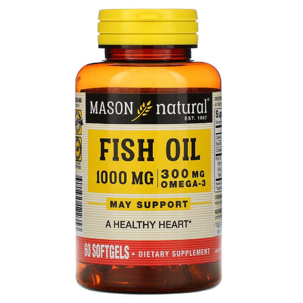 Риб&apos;ячий жир 1000 мг з Омега-3 300 мг, Omega-3 Fish Oil, Mason Natural, 60 гелевих капсул