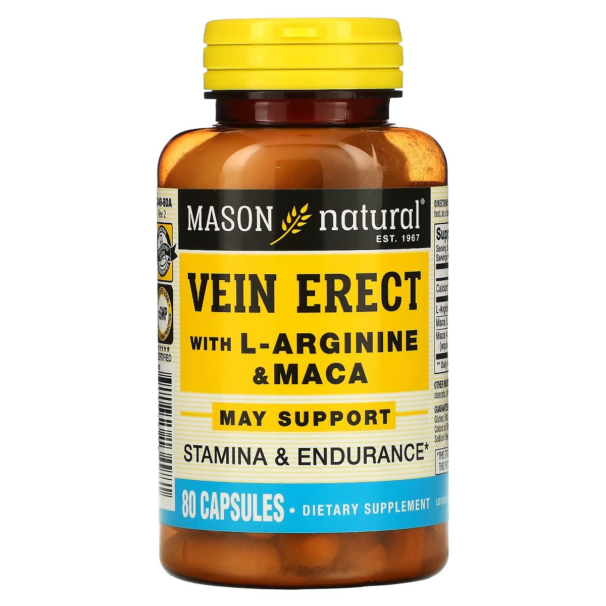 Підтримка Чоловічої Сили з L-аргініном та макою, Vein Erect with L-Arginine & Maca, Mason Natural, 80 капсул