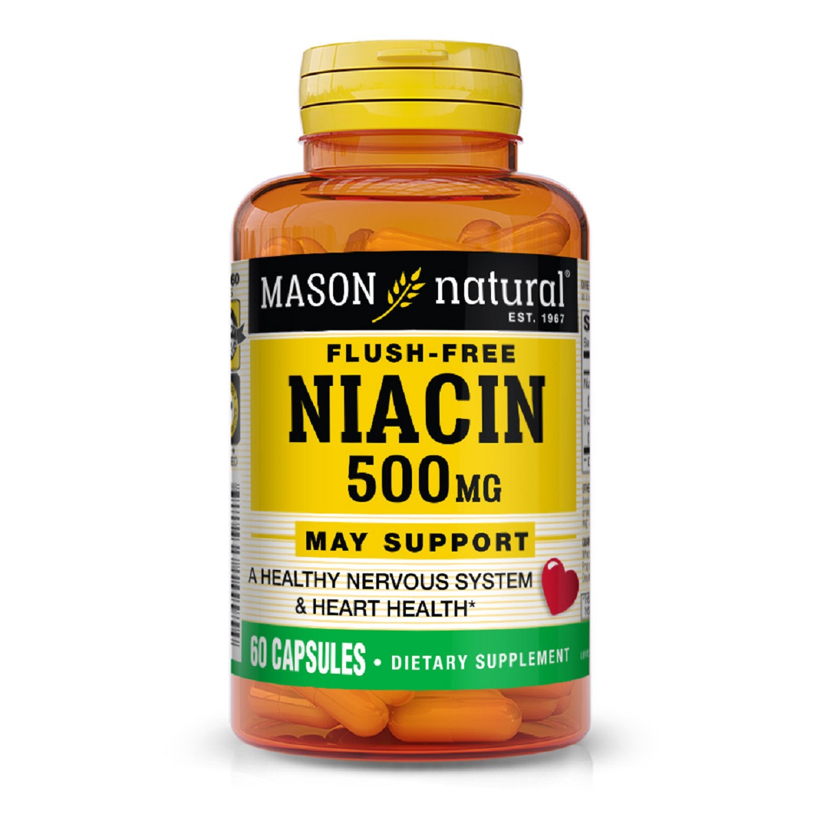 Ніацин 500мг, B3, Niacin Flush Free, Mason Natural, 60 капсул