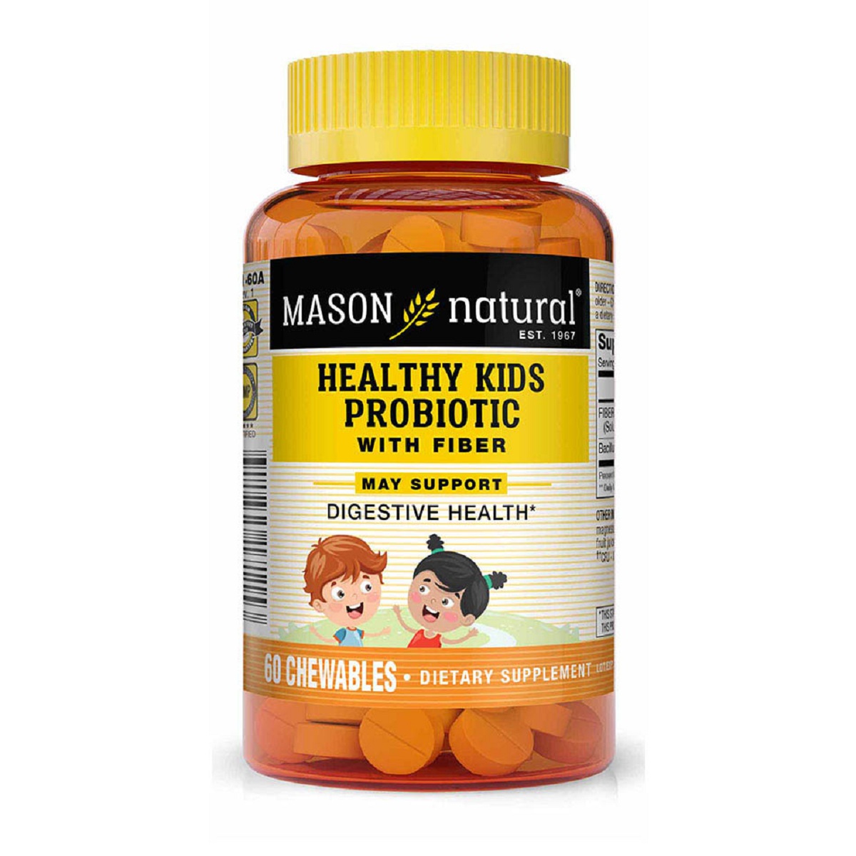 Пробіотик з клітковиною для дітей, Healthy Kids Probiotic With Fiber, Mason Natural, 60 жувальних таблеток