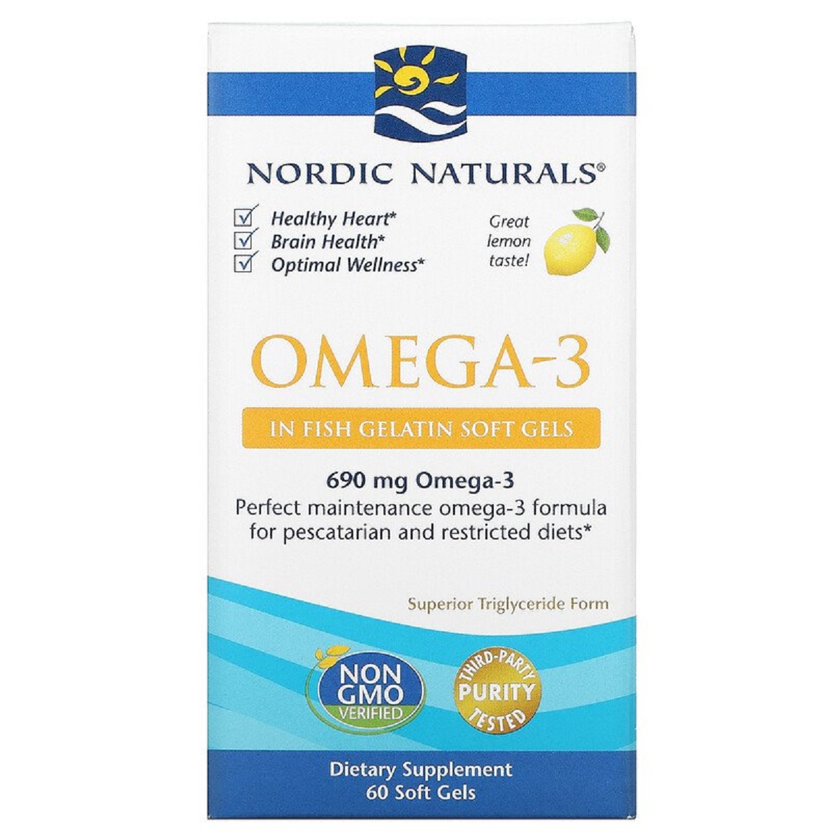 Омега-3, Смак Лимона, Nordic Naturals, Omega-3, Lemon, 1000 мг, 60 гелевих капсул