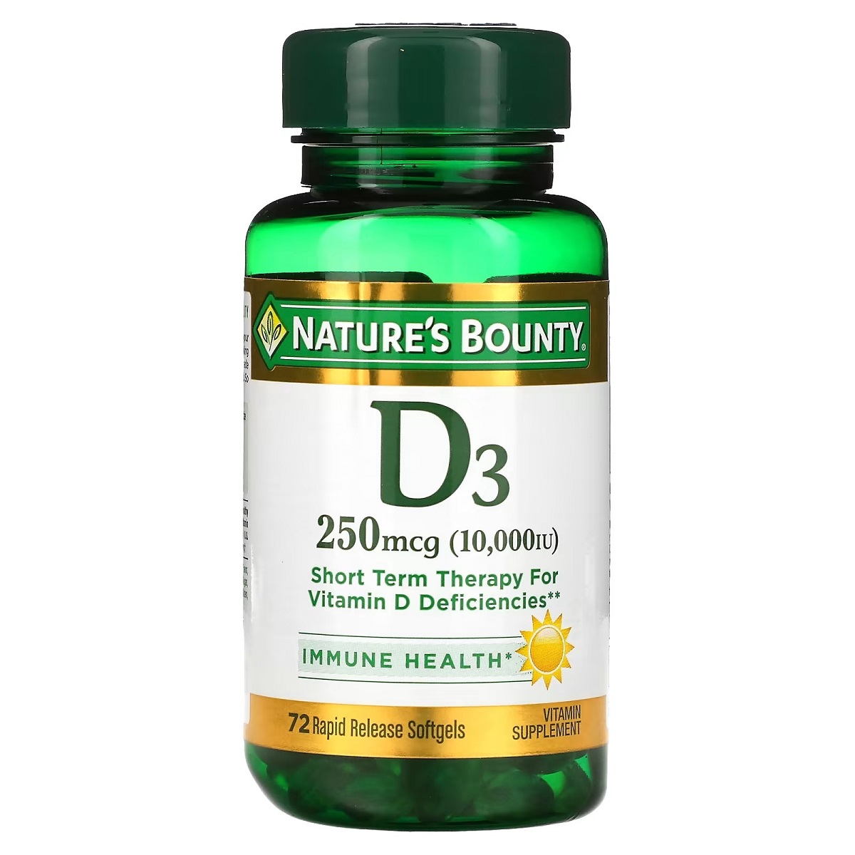 Вітамін D3 швидкого вивільнення, 10000 МО, 250 мкг, Vitamin D, Nature's Bounty, 72 гелевих капсул