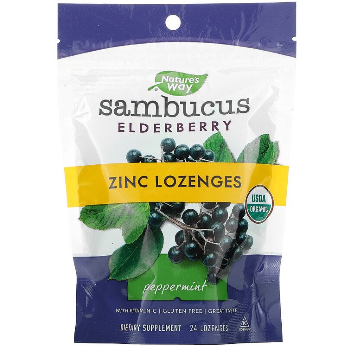 Льодяники бузини з цинком, смак м'яти, Sambucus, Zinc Lozenges, Peppermint, Nature's Way, 24 льодяника