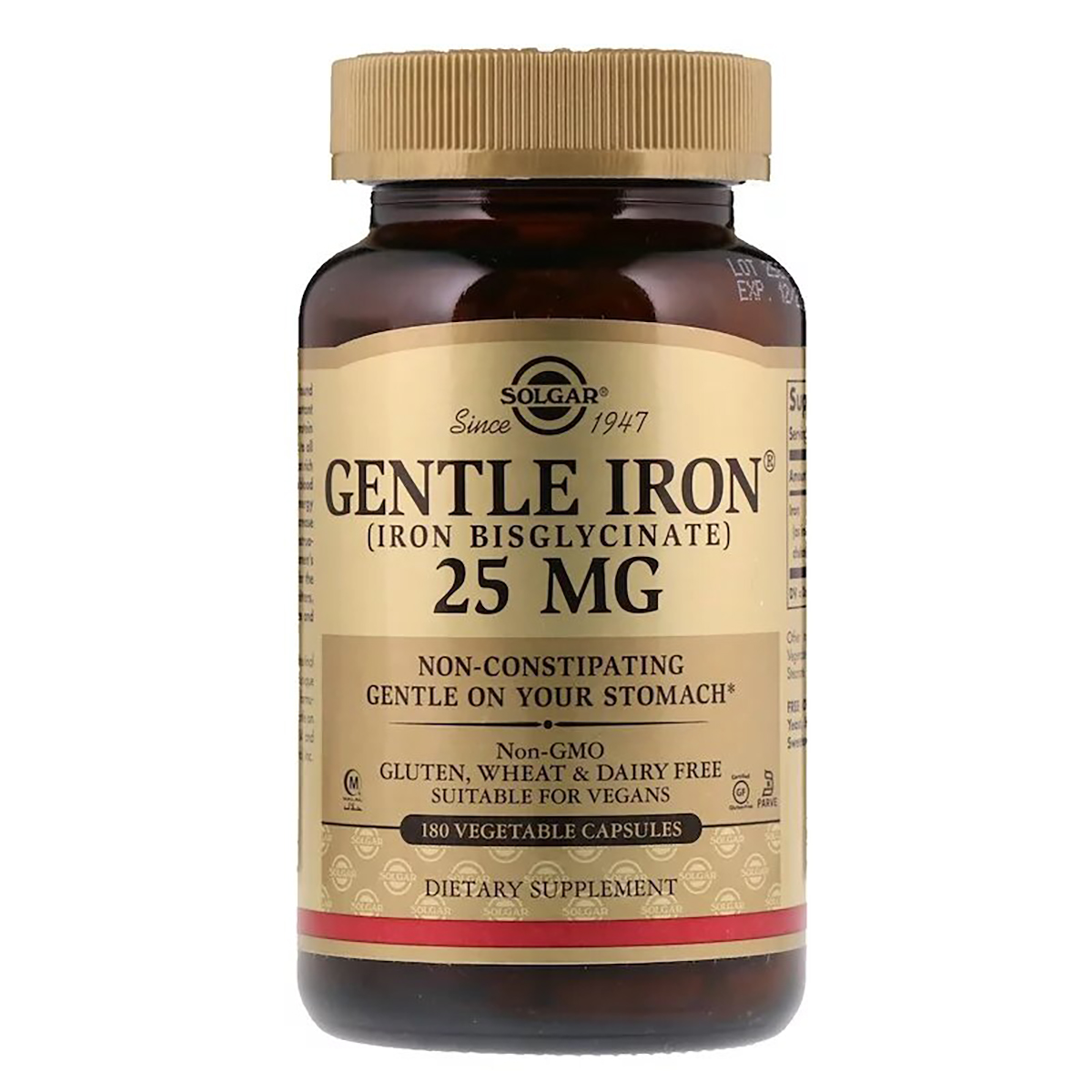 Хелатне Залізо, 25 мг, Gentle Iron, Solgar, 180 вегетаріанських капсул