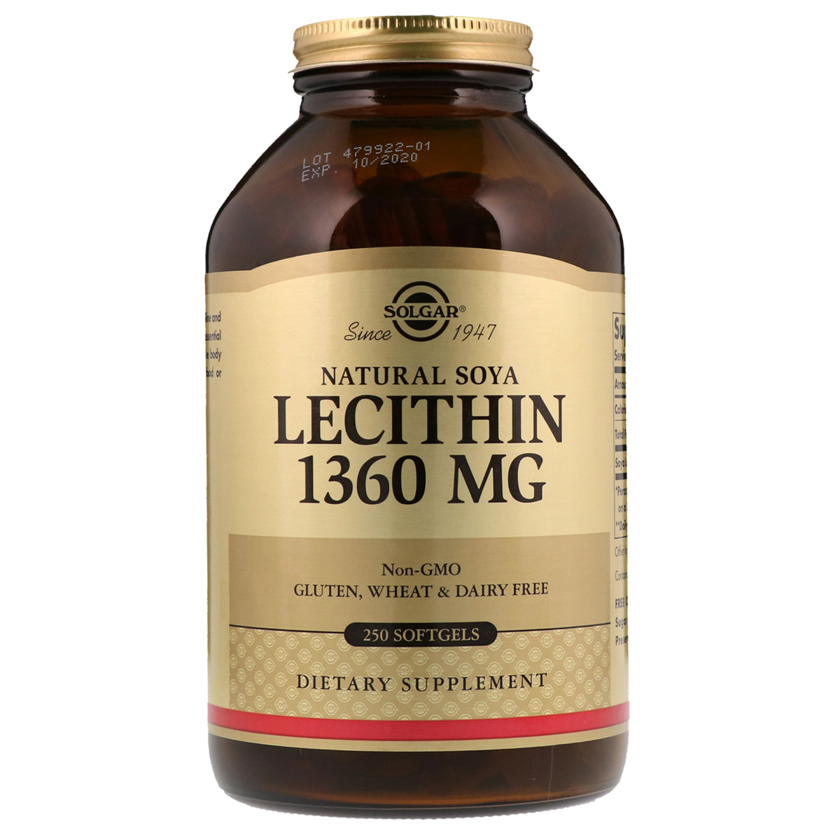 Лецитин Невибілений 1360 мг, Natural Soya Lecithin, Solgar, 250 желатинових капсул