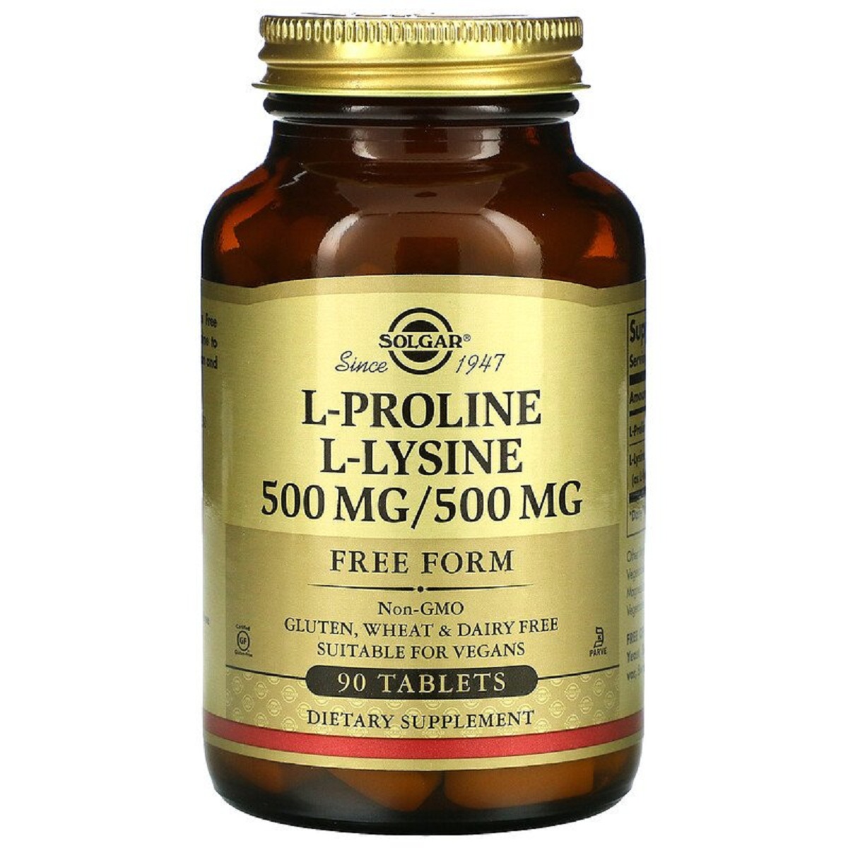 Пролін/Лізин, L-Proline/L-Lysine, Free Form, Solgar, 500 мг/500 мг, 90 таблеток