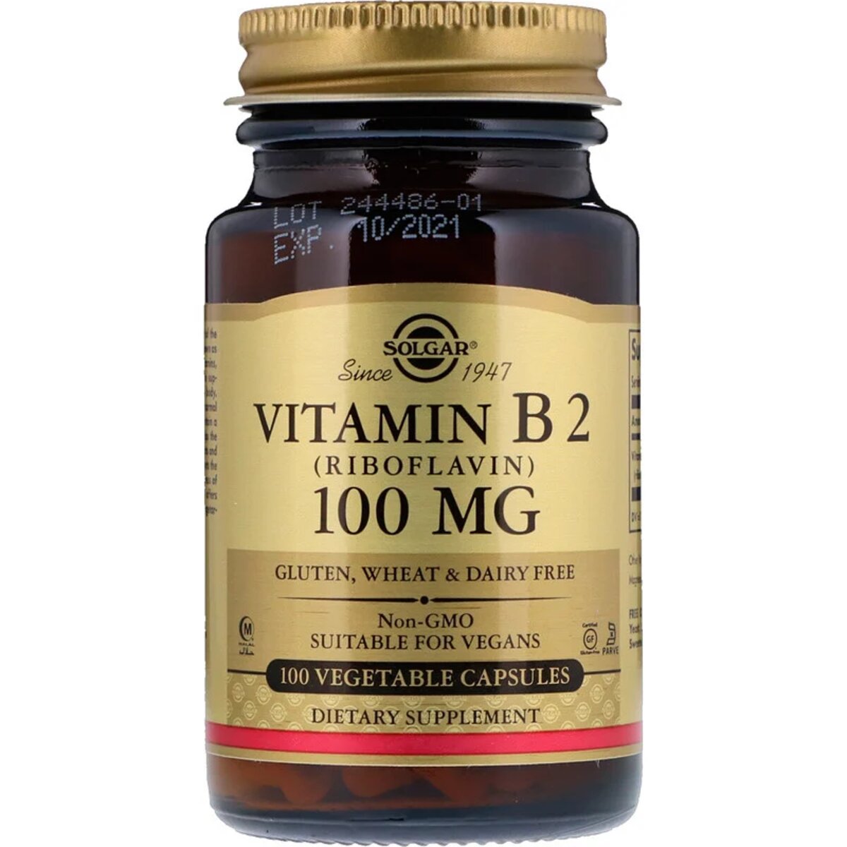 Вітамін B2 (рибофлавін), Vitamin B2 (Riboflavin), 100 мг, Solgar, 100 вегетаріанських капсул